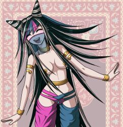 accurate_art_style belly_dancer_outfit cheeeeeeeeeeeeen closed_eyes danganronpa danganronpa_2:_goodbye_despair female_only happy harem_outfit mioda_ibuki nipple_piercing skimpy_clothes straight_hair tagme