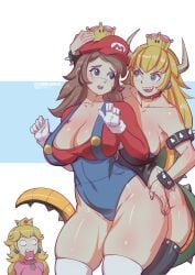 3girls big_breasts blonde_hair blue_eyes blush bokuman bowsette brown_hair crown earrings eyebrow_slits fangs female female_only gloves grabbing_ass groping hat holding_ass holding_head horns mariette mario mario_(series) multiple_girls new_super_mario_bros._u_deluxe nintendo overalls princess_peach rule_63 shell shocked skimpy skindentation spiked_bracelet spiked_collar spikes super_mario_bros. tail thick_thighs thighhighs yuri