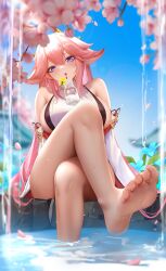 1girls absurd_res animal_ears big_breasts bottle cherry_blossoms crossed_legs feet female female_only genshin_impact hair_ornament hi_res highres large_breasts legs liu_liaoliao long_hair looking_at_viewer outdoors outside petals pink_hair purple_eyes sideboob sitting sky soles solo solo_female thick toes voluptuous water wet yae_miko