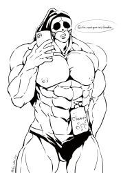 abs big_pecs bulge clenched_teeth cowboy_shot fist_of_the_seeker jose_kanzaki kengan_(series) kengan_omega long_hair long_hair_male luchador luchador_mask male male_only mask masked masked_male monochrome muscular muscular_male pecs phone ponytail selfie shampoo_challenge solo speech_bubble the_rotten_pig topless topless_male underwear wrestler