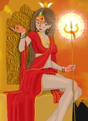 3_eyes brown_eyes goddess hindu_mythology hinduism indian indian_female jewelry oc original original_character queen royalty saree staff tanned tanned_female tanned_skin throne