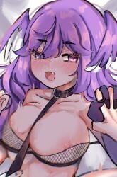 18127_sd_ 1girls bare_shoulders big_breasts blush bra cleavage collar dragon_hand exposed_shoulders fangs hair_wings hand_holding handholding head_wings heterochromia holding_hands leash leash_and_collar leash_pull nijisanji nijisanji_en nipple_slip open_mouth purple_hair selen_tatsuki upper_body virtual_youtuber