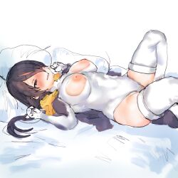 1girls big_breasts blush breasts chabo-kun emperor_penguin_(kemono_friends) female female_only kemono_friends leotard lying lying_on_back nipples solo thighhighs