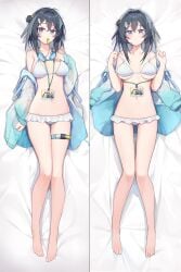 1girls :) ahoge arknights badge bare_shoulders barefoot belly big_breasts black_hair blush bra breasts cleavage dakimakura dakimakura_design female female_only frilled_bikini grey_eyes grey_hair hand_on_chest knees_together_feet_apart la_pluma_(arknights) la_pluma_(summer_flowers)_(arknights) legs light-skinned_female looking_at_viewer lying lying_on_back medium_breasts navel on_back panties pussy_visible_through_clothes seductive short_hair smile smiling solo stomach swimming_goggles swimsuit thigh_strap thighs tied_hair undressing wet_skin whistle whistle_in_mouth xiang_cheng_(nido)