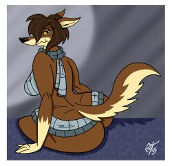 2017 anthro ass big_butt blue_eyes border breasts brown_body brown_fur canid canine canis clothed clothing digital_media_(artwork) female fur hair looking_at_viewer looking_back lucy_lupa mammal narrowed_eyes nude pinup pose simple_background smile solo thick_thighs unclescooter white_border wolf yellow_sclera