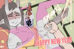 2boys alcohol androgynous blush closed_eyes cum drunk grey_skin handjob happy_new_year huge_cock new_year oni oni_draws penis pointy_ears yaoi