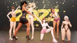 3d ashe_(overwatch) breasts d.va dance happy_new_year hornywitches3d mercy miniskirt overwatch party pharah pussy sombra tracer