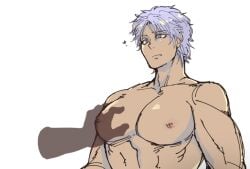 big_pecs brown_skin disembodied_hand groping himuro_ryo kengan_(series) kengan_ashura lavender_hair male male_only muscular muscular_male pec_grab pec_grasp pecs pectoral_grab solo_focus tan_skin topless topless_male upper_body wbcat01