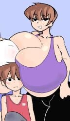 1boy 1girls big_breasts big_bulge big_penis boner breasts brown_hair bulge cleavage elanor_(lewdicrousart) erection female fully_clothed giant_breasts gigantic_breasts hard_on huge_breasts huge_bulge huge_cock hyper hyper_breasts implied_incest larger_female lewdicrousart male massive_breasts milf mother_and_son penis scotty_(lewdicrousart) size_difference small_but_hung smaller_male