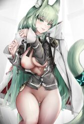 1girls :p absurdres animal_ear_fluff animal_ears arknights bangs bar_censor big_breasts blush bottomless breasts breasts_out busty cape cardigan cat_ears cat_girl cat_pose cat_tail censored commentary_request cowboy_shot curvaceous curvy cute female female_pubic_hair fluffy_tail gigantic_breasts green_eyes green_hair grey_cardigan half-closed_eyes harmonie_(arknights) highres huge_breasts infection_monitor_(arknights) large_breasts light-skinned_female light_skin long_hair long_sleeves looking_at_viewer massive_breasts naughty_face nipples no_bra nopetroto open_cardigan open_clothes pubic_hair pussy seductive seductive_look seductive_pose seductive_smile smug solo tail thick_legs thick_thighs thighs tongue tongue_out very_long_hair voluptuous white_cape wide_hips