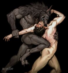 2023 anthro ass biped bite black_hair claws cross cross_necklace crucifix digital_media_(artwork) digitigrade duo empty_eyes fine_art_parody gay hair hi_res human human_on_anthro inspired_by_formal_art interspecies jewelry male male/male male_only mammal muscular muscular_anthro muscular_male neck_bite necklace necklace_only nude phinnherz toe_claws yaoi