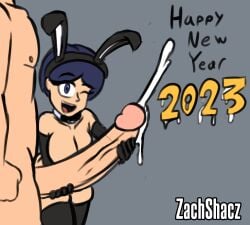 1boy 1girls 2023 armwear bending_over big_breasts big_penis blue_eyes blue_hair bunny_ears excessive_cum happy happy_new_year kate_(zachshacz) necktie original_character thighhighs veiny_penis wink zachshacz