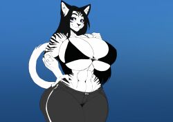 abs anthro big_breasts bikini_top black_hair blue_background blue_eyes cat_ears grey_pants huge_breasts long_hair muscular muscular_anthro muscular_female original_character smile stripes tail tiger tiger_ears white_fur white_tiger zdition