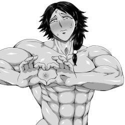 abs blush circlet deusa embarrassed gaolang_wongsawat heart-shaped_boob_challenge kengan_(series) kengan_ashura long_hair_male looking_at_viewer low-tied_long_hair low_ponytail male male_only monochrome muscular muscular_male nude ponytail solo sweat upper_body