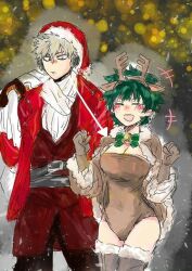 1boy 1girls adult_swim bell_collar christmas christmas_clothing christmas_headwear christmas_outfit cleavage female female_deku green_hair happy izuku_midoriya katsuki_bakugou leotard looking_at_breasts my_hero_academia reindeer_antlers reindeer_costume rule_63 santa_costume santa_hat short_hair_female staring staring_at_breasts stockings thighhighs toonami