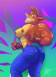 1boy anthro bandicoot bara brown_hair bubble_ass bubble_butt butt crash_(series) crash_bandicoot crash_bandicoot_(series) exceso fingerless_gloves fur furry furry_only gay green_eyes male male_focus male_only marsupial muscular muscular_male naughty_dog nipples orange_fur pecs puffy_nipples simple_background smirk solo tan_fur teeth thumbs_up tight_clothing two_tone_fur video_game video_games