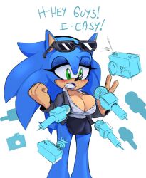 anthro big_breasts blue_hair blush cleavage cuisine furry green_eyes hedgehog microphone missphase nervous rule_63 sega sonic_(series) sonic_the_hedgehog sonic_the_hedgehog_(series) sonique_the_hedgehog text