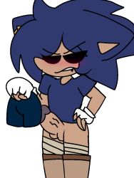 1boy blush blushing curse_(sonic.exe) disgusted_look embarrassed hottiegirl34_(artist) male male_only medium_penis shorts showing_penis solo_male