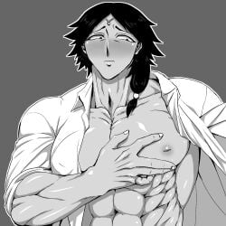 abs blush circlet deusa frown gaolang_wongsawat inverted_nipples kengan_(series) kengan_ashura long_hair_male low-tied_long_hair low_ponytail male male_only monochrome muscular muscular_male open_shirt pecs ponytail solo upper_body