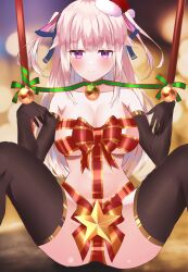 1girls alien_girl bondage censored_pussy christmas christmas_present female iku_hoshifuri large_breasts long_hair looking_at_viewer pink_eyes pink_hair prism_project twintails virtual_youtuber