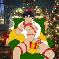 1boy abs anime_style ariesknight bara bishoujo_senshi_sailor_moon bodybuilder christmas digital_drawing gift_box holidays lgbt_pride male male_only mamoru_chiba muscle muscular muscular_male nipples pecs penis photoshop ribbons solo veiny_penis