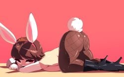 armwear ass ass_up big_ass blush brown_hair bunny_ears bunny_tail bunnysuit chobonolly clash_(series) clash_royale female female_only gloves headwear heels looking_at_viewer partially_clothed partially_clothed_female princess_(clash_royale) red_background red_eyes shiny shiny_clothes shiny_skin solo solo_female supercell tagme topless topless_female