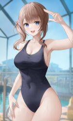 1girls artist_request black_one-piece_swimsuit blue_eyes breasts brown_hair cleavage female female_only happy happy_female looking_at_viewer mochizuki_honami one-piece_swimsuit outside ponytail pool project_sekai smile solo sweat swimsuit swimwear thighs