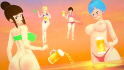 3d android_18 ass beach beer big_butt bikini bikini_bottom_removed bikini_top_removed breasts bubble_butt bulma_briefs chichi dragon_ball dragon_ball_z drunk female flying knockwolf koikatsu ocean prank videl