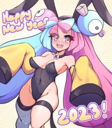 bebatch black_leotard blush bunny_ears bunnysuit cameltoe cleavage covered_navel highleg_leotard iono_(pokemon) looking_at_viewer new_year_2023 open_mouth playboy_bunny pokemon pokemon_sv sharp_teeth strapless_leotard