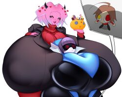 2girls big_ass big_breasts big_butt blush bombusaya candy chibi clothing cosplay crossover curvy deltarune gloves gynoid hearts_around_head helltaker horns humanoid hyper_breasts large_ass large_breasts latex meme modeus_(helltaker) multiple_girls nipples_visible_through_clothing original_character pink_hair pink_skin purple_hair queen_(deltarune) robot shiny_hair shiny_skin short_hair shortstack smile suit thick_thighs white_skin wide_hips