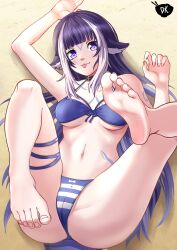 1girls 2022 :p absurd_res animal_ears armpits bent_legs bikini blue_hair dk_stuff feet female female_only foot_fetish indie_virtual_youtuber legs_up long_hair looking_at_viewer lying lying_on_back marine orca_girl purple_eyes sand shylily smiling smiling_at_viewer soles solo virtual_youtuber white_highlights