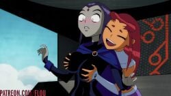 2d 2d_animation 2girls alien alien_girl animated breasts cloak closed_eyes clothing dc dc_comics female/female flou grey_skin groping human leotard long_hair loop medium_hair outerwear pale_skin purple_hair rachel_roth raven_(dc) red_hair sloshing_breasts smile starfire tagme teen_titans teenager teeth yuri