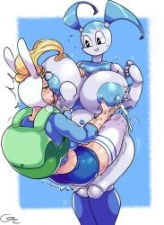 2girls adventure_time areola areolae backpack bare_shoulders big_breasts blonde_hair blush breast_grab breast_sucking breastfeeding breasts cartoon_network clothed clothing crossover female female_only fionna_the_human_girl jenny_wakeman lactation large_breasts milk my_life_as_a_teenage_robot navel nickelodeon nipples open_mouth powergorani simple_background smile standing sucking_nipples tears thick_thighs thighhighs tongue tongue_out wide_hips xj-9 yuri