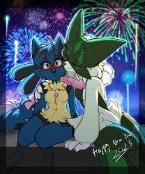 2023 2girls blue_fur blue_hair blush breasts cajunfoxnight claws closed_eyes female furry green_body green_fur grey_fur grey_hair happy_new_year lucario meowscarada multicolored_body multicolored_fur new_year pokemon pokemon_(species) pokemon_on_pokemon pokemon_sv purple_eyes small_breasts wholesome yellow_fur yuri