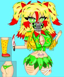 alterraid big_ass big_breasts big_butt blonde_hair blood gasmask knife ripped_clothing ripped_pants ripped_shirt stockings taco tacoetta tattoo_on_belly thighs twintails yandere