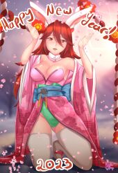 1girls 2020s 2023 alternate_costume bare_thighs breasts bunny_ears bunny_girl bunnysuit cleavage cordelia_(fire_emblem) female female_only fire_emblem fire_emblem_awakening gesture japanese_clothes kimono large_breasts long_hair looking_at_viewer new_year nintendo red_eyes rinku_bny smile solo thick_thighs thighhighs thighs very_long_hair year_of_the_rabbit