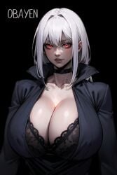 1girls ai_generated big_breasts breasts breasts_bigger_than_head busty female female_focus female_only glowing_eyes goth_girl huge_breasts long_hair obayen pale-skinned_female pale_skin red_eyes red_lipstick smooth_skin solo solo_female vampire voluptuous voluptuous_female white_hair wide_hips