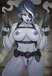 1girls alternate_version_available belt black_hair black_lips blue_eyes breasts casual dark_hair domino_(marvel) dual_wielding female female_only firearm grey_skin gun guns handgun large_breasts lipstick looking_away marvel marvel_comics monolithic-sloth multicolored_hair mutant navel neena_thurman nude nude_female pale_skin pinup pussy short_hair solo solo_female tactical_nudity thick_thighs thighs weapon white_hair white_skin x-force x-men