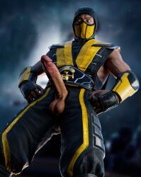 1boy balls bara big_penis boner clothed clothing erect_penis erection gay killystein male male_only mask masked masked_male mortal_kombat penis penis_out scorpion_(mortal_kombat) solo solo_male tough_guy