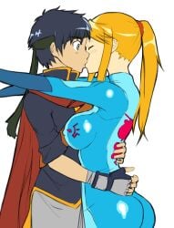 1boy 1girls ass blonde_hair blue_hair bodysuit breasts cape closed_eyes covered_erect_nipples crossover cute female fingerless_gloves fire_emblem fire_emblem:_path_of_radiance fire_emblem:_radiant_dawn gloves headband ike_(fire_emblem) kissing large_breasts madkaiser male male/female metroid nintendo ponytail samus_aran simple_background skin_tight source_request straight surprised white_background wholesome wide-eyed zero_suit zero_suit_samus