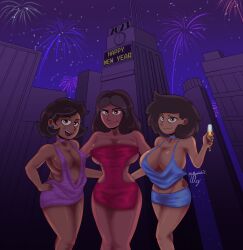 2023 3girls amphibia big_breasts brown_hair camila_noceda cartoon_network chubby chubby_female crossover dark-skinned_female dark_skin disney disney_channel dress female female_only huge_breasts latina looking_at_viewer mature_female medium_breasts milf mother mrs._boonchuy multiple_girls new_year no_bra oum_boonchuy priyanka_maheswaran revealing_clothes steven_universe straight_hair the_owl_house trio tullymonst3r voluptuous voluptuous_female