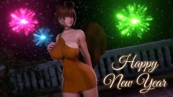 2023 arc_system_works blazblue bouquetman brown_hair female female_focus fireworks fluffy_tail french_nails happy_new_year highres makoto_nanaya skimpy_clothes skimpy_dress squirrel squirrel_ears squirrel_tail