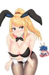 1boy 1girls alternate_costume angry animal_ears bad_id bad_pixiv_id bare_arms bare_shoulders black_bow black_leotard blonde_hair blood blue_eyes blush bow bowtie breast_hold breasts bunny_ears bunny_girl bunnysuit chibi chibi_inset cleavage closed_mouth cowboy_shot crossed_arms detached_collar embarrassed faceless faceless_male fake_animal_ears female female_focus fire_emblem fire_emblem:_path_of_radiance fire_emblem:_radiant_dawn headband highres ike_(fire_emblem) large_breasts leaning leaning_forward legs leotard long_hair looking_at_another looking_back male male/female metroid mole mole_under_mouth nintendo nosebleed pantyhose playboy_bunny ponytail rabbit_ears ru_(16857772) samus_aran shiny shiny_hair short_hair shy sidelocks simple_background standing straight strapless strapless_leotard super_smash_bros. thighs upper_body wavy_mouth white_background wrist_cuffs