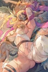 1girls absurd_res angewomon areola_slip belt big_breasts blindfold blonde_hair breasts cutesexyrobutts digimon digimon_(species) digimon_adventure female female_only finger_to_mouth helmet hi_res lingerie long_hair lying lying_on_back skimpy skimpy_clothes solo thick_thighs toned