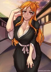 1girls alternate_version_available artist_logo artist_name background big_breasts bleach blue_hairclip cleavage female female_focus female_only fully_clothed hand_on_hair inoue_orihime japanese_clothes kimono leaning_forward long_hair orange_fur orange_hair redjet shihakusho solo