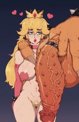 1boy 1girls 2022 areolae balls big_breasts blonde_hair bowser breasts brig_art cock_ring crown curvy female female_focus flaccid gigantic_penis human larger_male light-skinned_female light_skin long_hair male mario_(series) nintendo nipples nude penis princess_peach pubic_hair size_difference smaller_female solo_focus spiked_penis standing