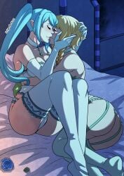 2girls blonde_hair blue_hair blush closed_eyes cuddling female female_only hi_res hyrule_warriors kinkymation kissing lana_(the_legend_of_zelda) lesbian lingerie linkle long_hair nintendo on_bed pointy_ears smile stockings the_legend_of_zelda thighhighs twintails wholesome yuri