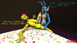 3d bonnie_(fnaf) chica_(fnaf) female five_nights_at_freddy's freekiller hi_res holding_hands leg_on_shoulder male penis sex sex_on_table source_filmmaker table talking_to_another