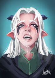 1girls cum_on_face elf elf_ears elf_girl female female_focus female_only horns implied_fellatio lottie_hotley pink_eyes rayla_(the_dragon_prince) shoulder_length_hair simple_background solo_female solo_focus tagme the_dragon_prince white_hair