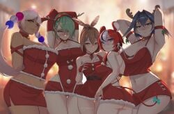 5girls alternate_costume alternate_version_available animal_ears armpits arms_behind_head ass_visible_through_thighs bare_shoulders blue_eyes blurry blurry_background breasts brown_hair ceres_fauna cleavage cowboy_shot dress green_hair hair_ornament hakos_baelz highres holocouncil hololive hololive_english hololive_english_-council- hololive_english_-promise- large_breasts long_hair looking_at_viewer miniskirt multiple_girls myth1c nanashi_mumei navel ouro_kronii red_hair santa_costume short_dress short_hair shorts skirt stomach tail thigh_gap thighs tsukumo_sana virtual_youtuber